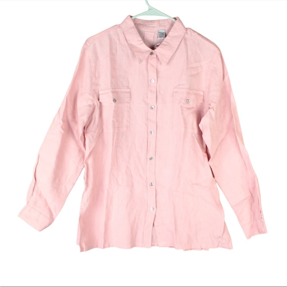 Lino By CHICOS Button Up Shirt Womens Size 2 Pink 100% Linen Blouse Coastal NWT